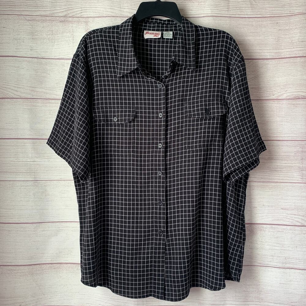 Vintage Joanna Pluss Black White Grid Windowpane Plaid Button UP Shirt Size 2XL